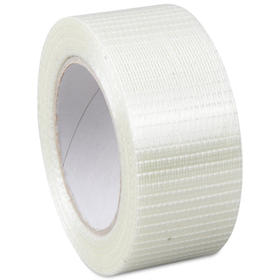 Ruban adhésif armé, chaîne et trame 50 mm × 50 m, 130 µm épaisseur totale: 130 µm diamètre du mandrin : 76 mm, rouleau PP avec fils PET, hotmelt, transparent Boîte de 18 rouleaux inapte au contact alimentaire – Réf. 401047